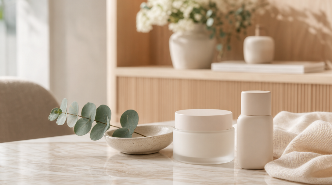 Editorial still life on a cream surface: a ceramide moisturiser, a mineral SPF, a folded cloth and a sprig of eucalyptus