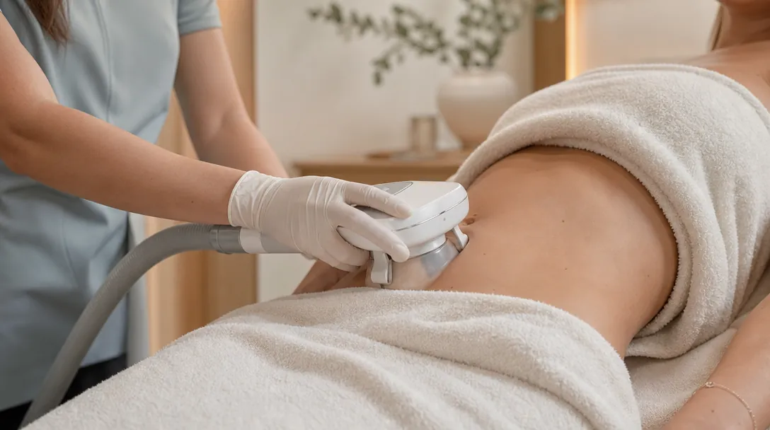 A CoLaz clinician fits a fat freezing applicator on a patient's abdomen at a softly lit treatment room