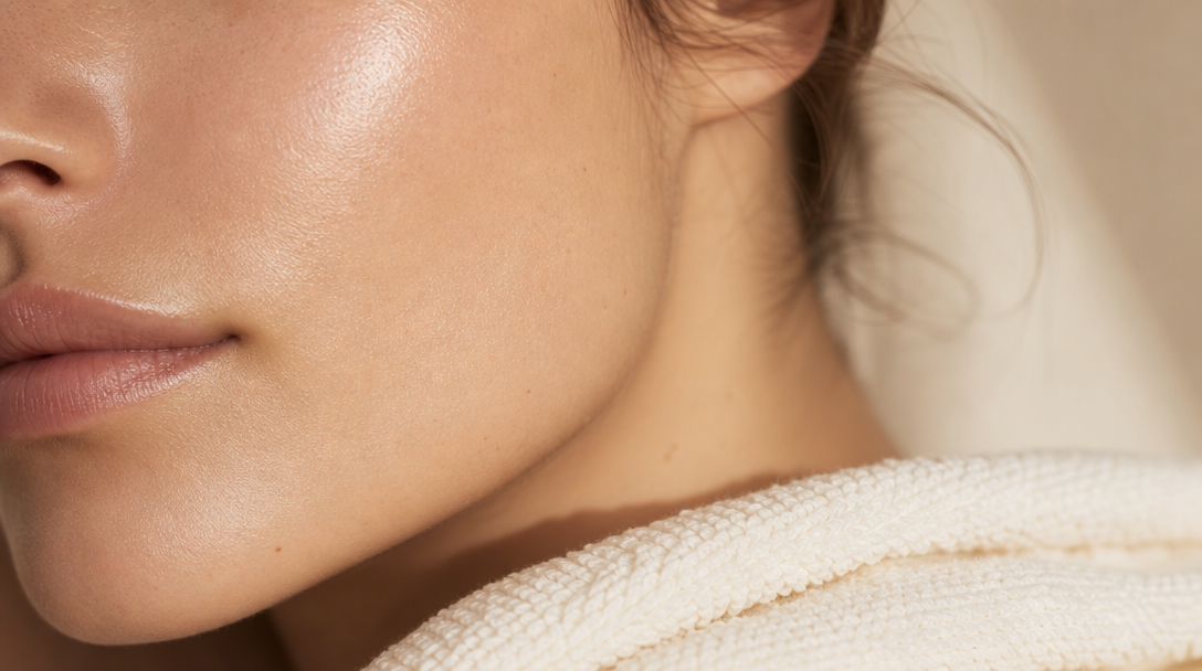 Close-up of smooth, even-toned cheek and jaw skin with soft fine hair resting on a cream folded towel in warm daylight
