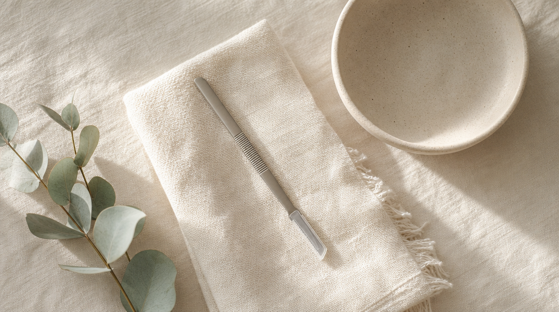 Editorial still life on a cream linen surface with a dermaplaning blade, a folded cream cloth and a single sprig of eucalyptus in soft daylight