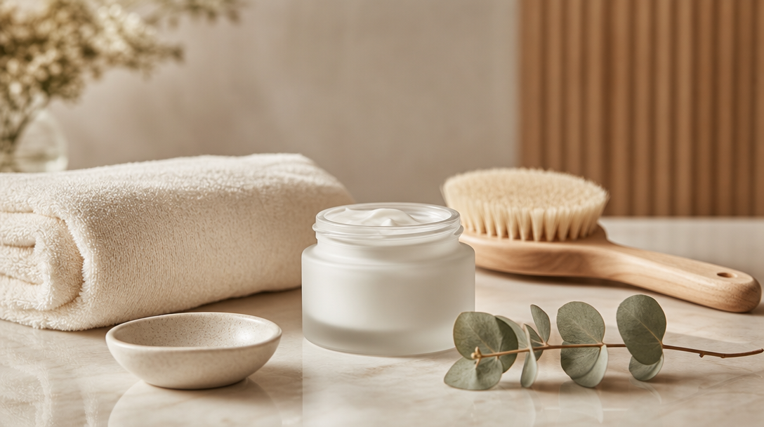 Editorial still life on a cream surface with a soft folded towel, a ceramic dish and a single sprig of eucalyptus in warm daylight