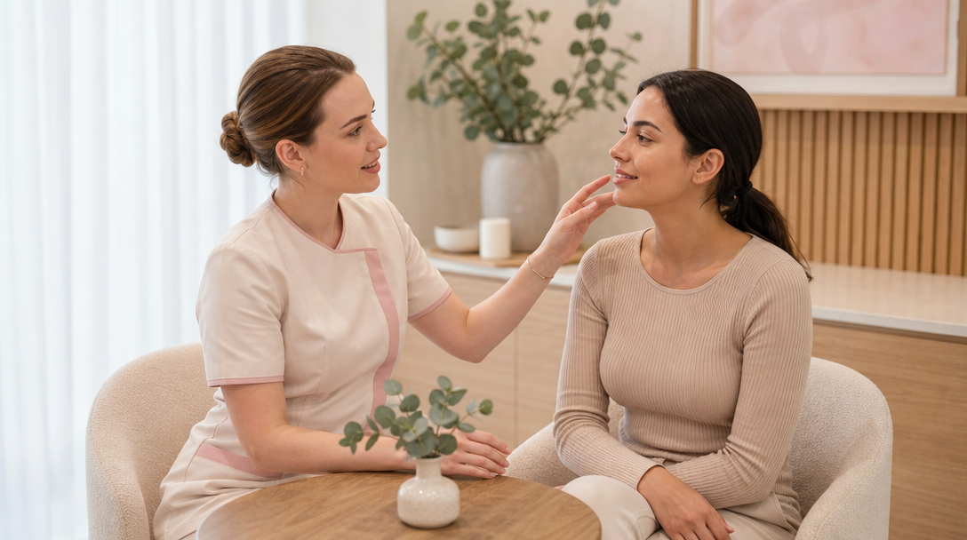 A CoLaz clinician reassures a patient about a prickly feeling after dermaplaning during a calm follow-up in a warm treatment room