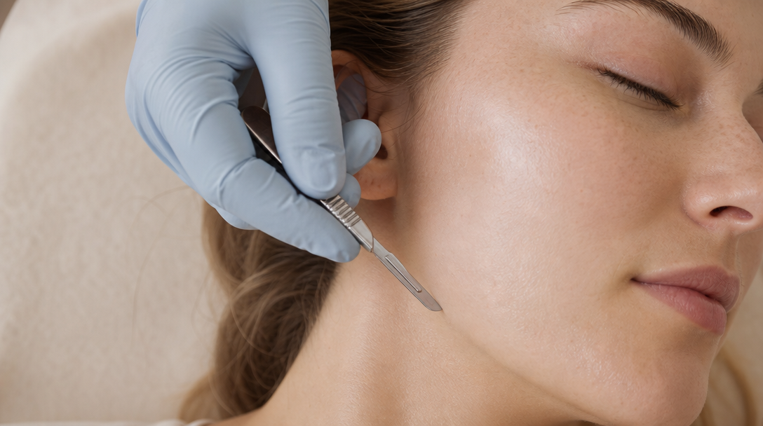 Overhead view of a dermaplaning session at CoLaz, a gloved hand holding a blade at an angle against a patient's cheek in soft daylight