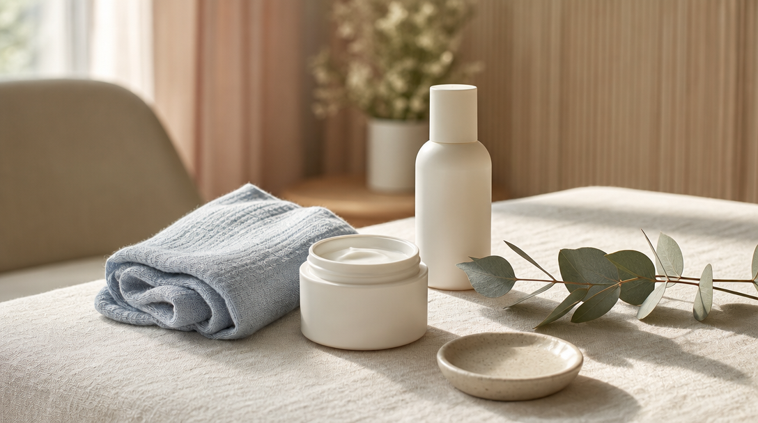Editorial still life on cream linen of a cool compress, a fragrance-free moisturiser, a mineral SPF and a sprig of eucalyptus for post-dermaplaning care