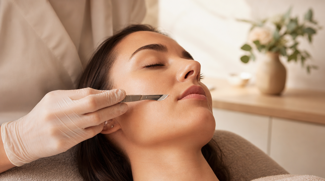 A clinician performing dermaplaning gently across a patient's cheek