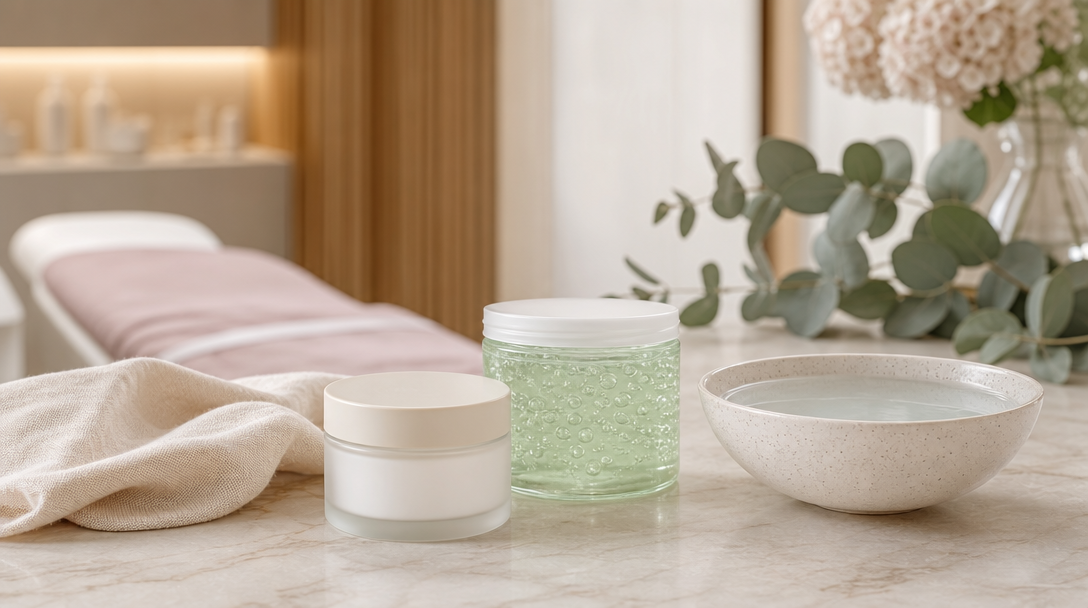 Fragrance-free moisturiser and aloe gel laid out for soothing skin after dermaplaning