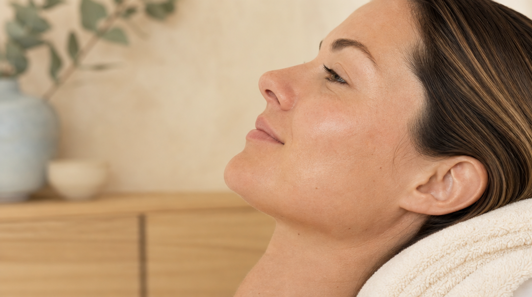Smooth, naturally glowing skin along the cheek and jawline resting on a soft cream towel after dermaplaning