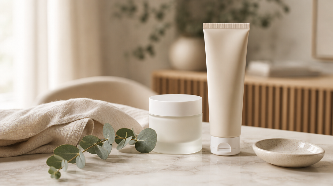 Editorial still life of gentle post-dermaplaning skincare on a cream surface: a fragrance-free moisturiser, a mineral SPF and a folded cloth beside a sprig of eucalyptus