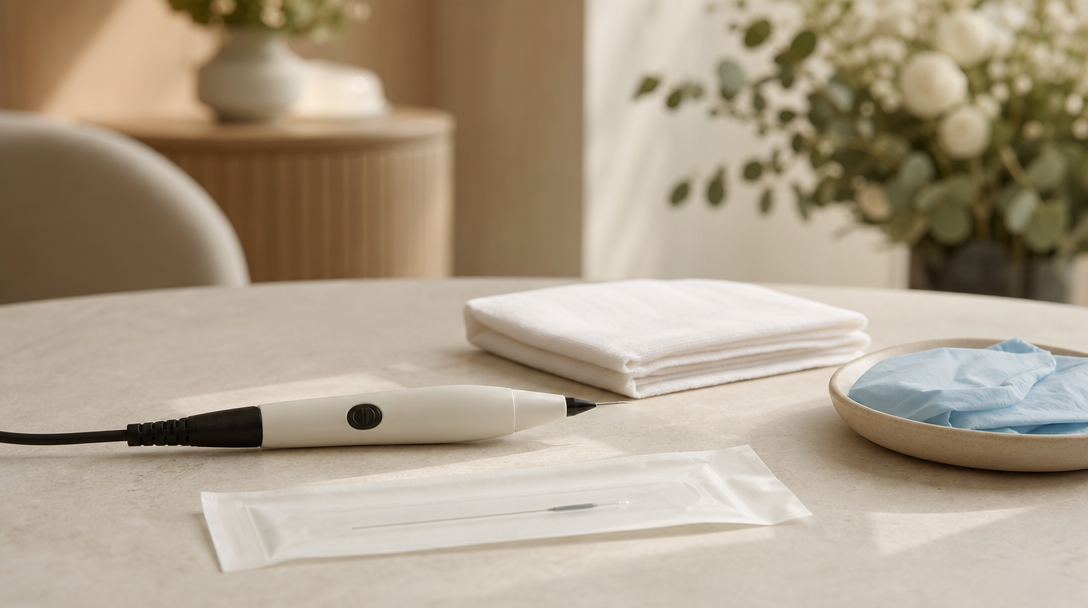 An electrolysis pen with a sealed single-use probe and gloves on a clean surface