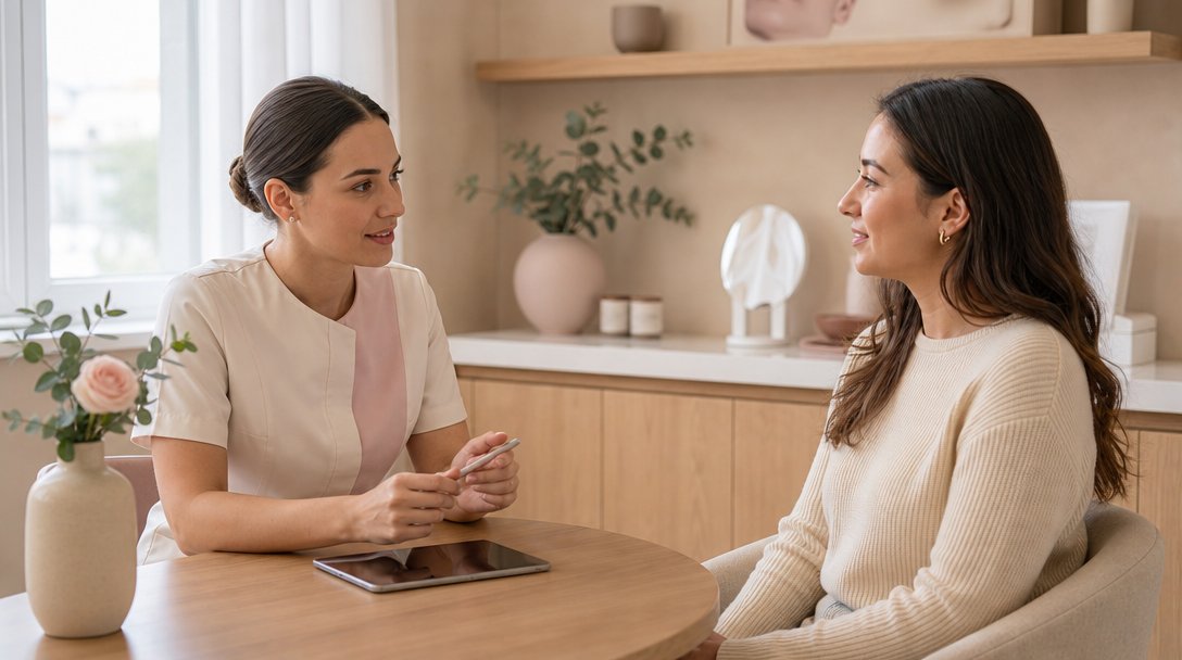 A CoLaz clinician discusses electrolysis hair removal options with a patient at a calm, softly lit consultation table