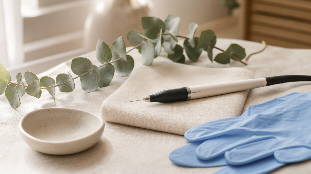 Editorial still life of a professional electrolysis handpiece with a fine probe, clinical gloves and eucalyptus on cream linen