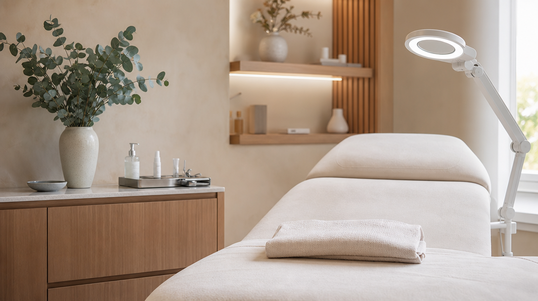 A calm, empty CoLaz treatment room with a cream treatment bed, warm wood counter and soft natural daylight