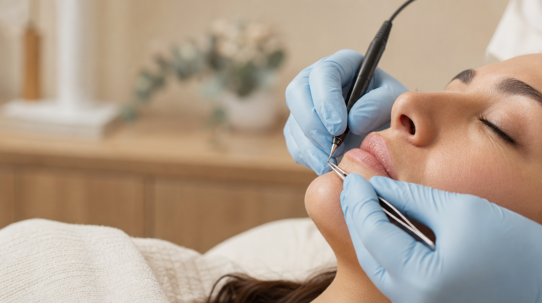 A clinician in a soft-pink CoLaz uniform guides a fine electrolysis probe along a patient's upper lip in a calm treatment room