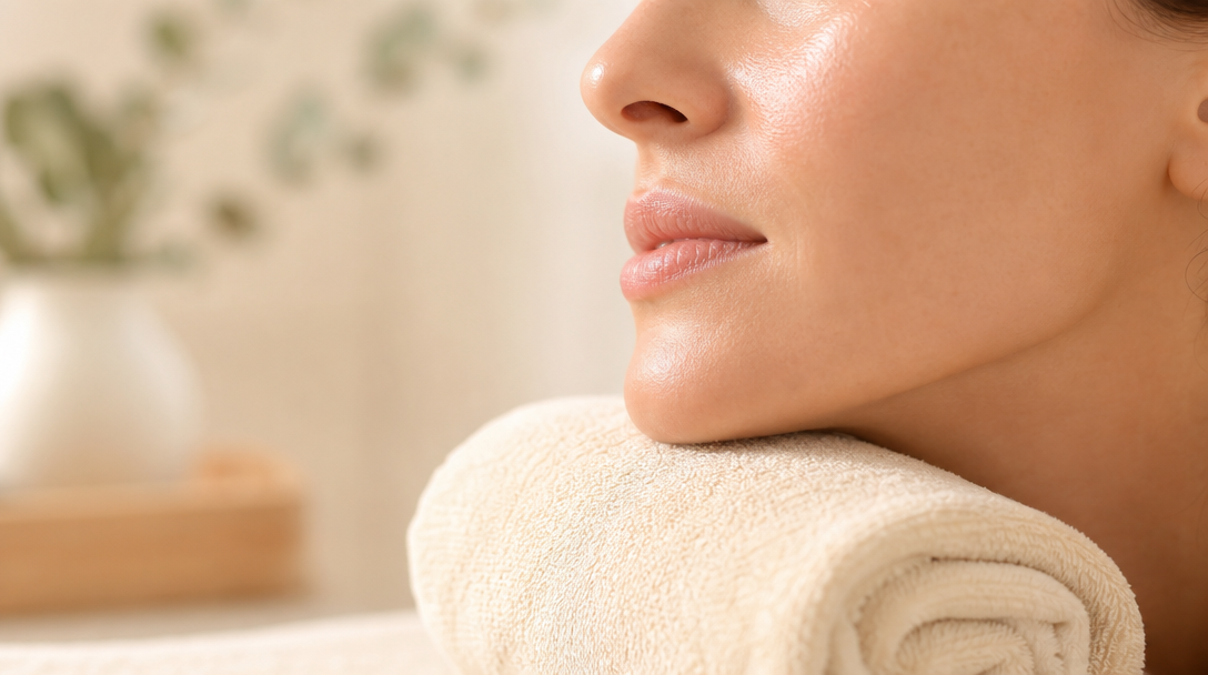 A close-up of smooth, even-toned skin along a jawline resting on a soft cream towel in warm natural light