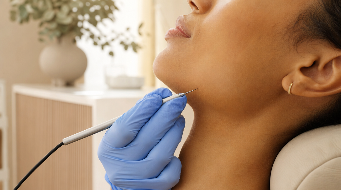 Close-up of a gloved clinician using a fine electrolysis probe on a patient's jawline in warm daylight
