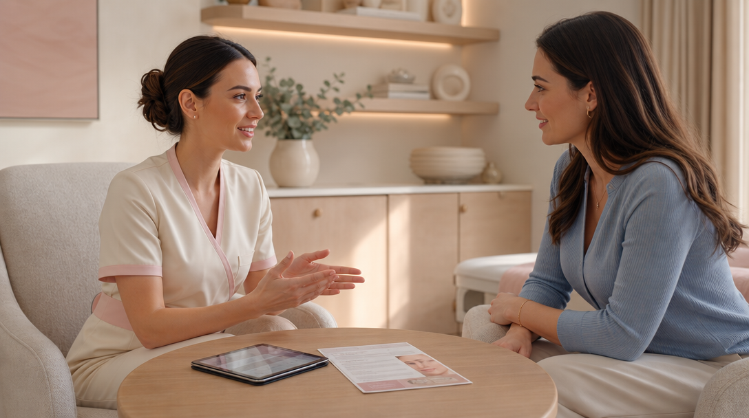 A CoLaz clinician reassures a patient about electrolysis hair removal side effects at a calm, softly lit consultation table