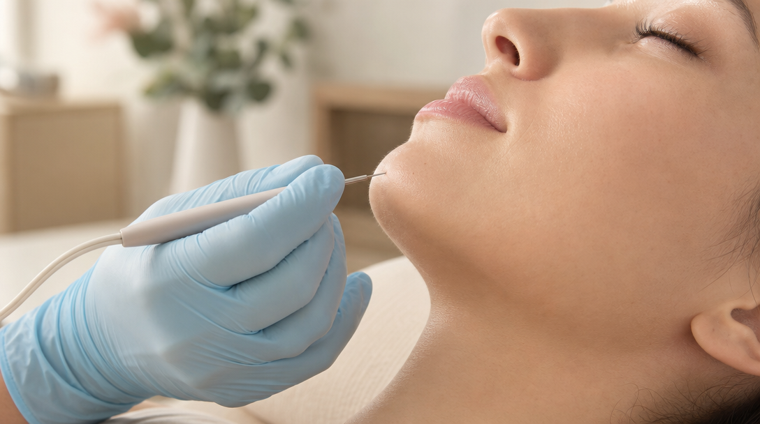 A clinician in a pale-blue glove holds a fine electrolysis probe near a relaxed patient's jawline in a calm CoLaz treatment room