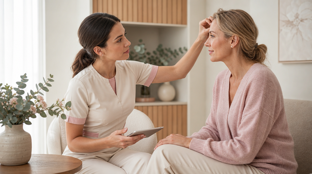 A CoLaz clinician looks closely at a patient's eyebrow area during a calm consultation about eyebrow hair loss