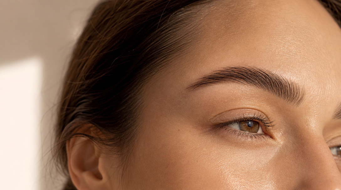 Close-up of a woman's healthy, softly defined eyebrow and calm forehead skin in warm natural light against a cream background