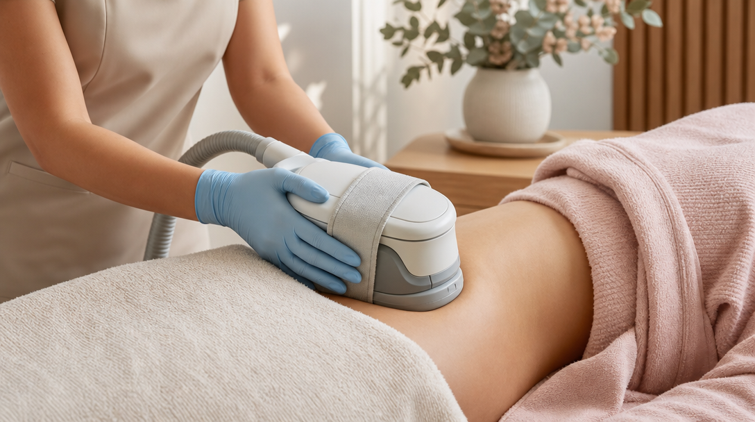 A clinician in pale blue gloves holds a cooling applicator against a patient's lower abdomen during a fat freezing session