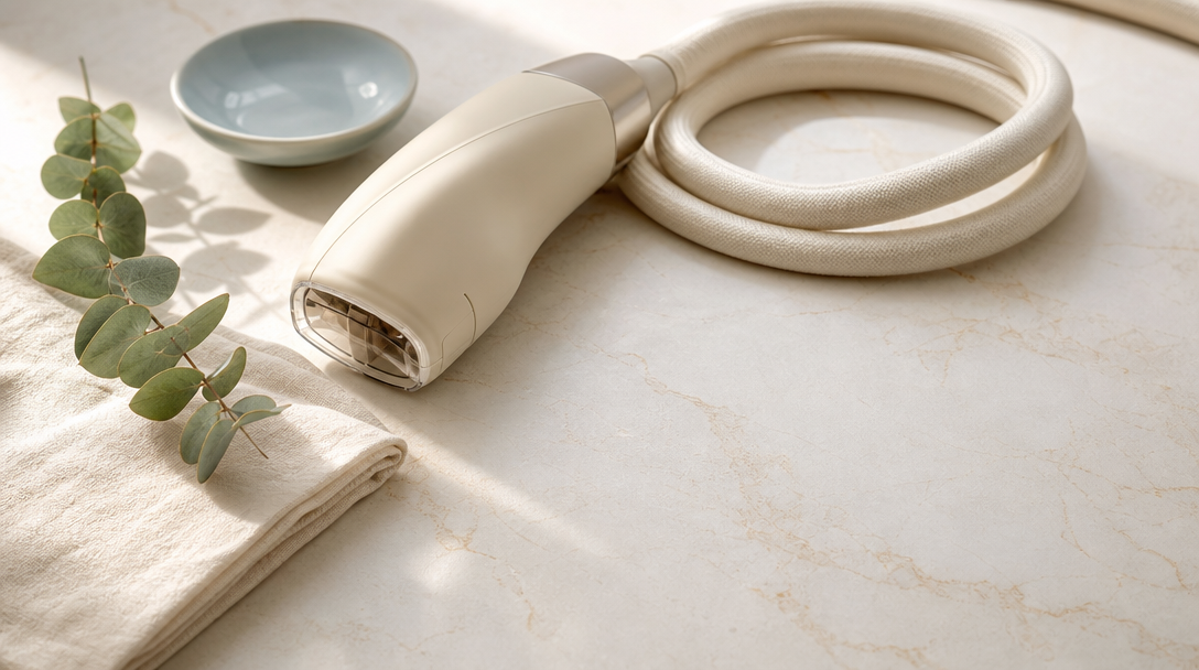 Editorial still life of a cream cooling applicator handpiece, a folded linen cloth and a sprig of eucalyptus on a cream marble surface