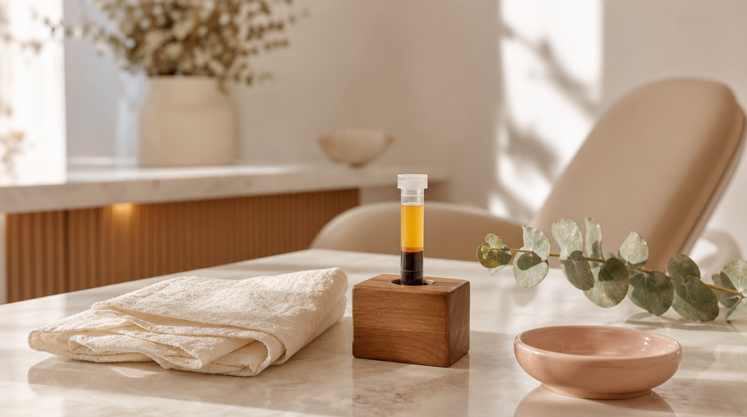 Editorial still life of a centrifuge tube of golden platelet-rich plasma on cream marble with linen and eucalyptus