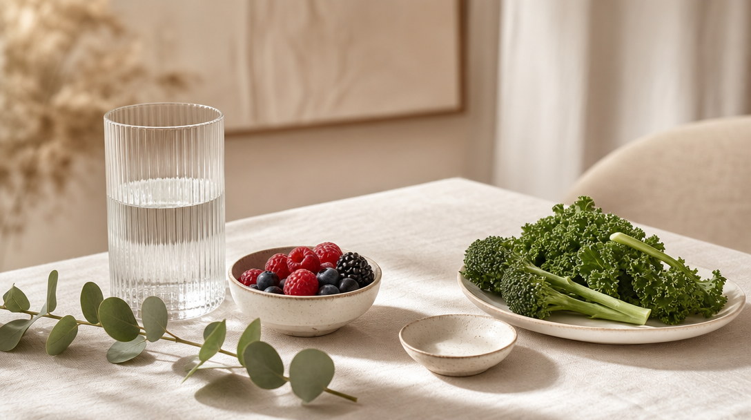 A calm editorial still life of a glass of water, fresh berries and leafy greens on a cream linen surface