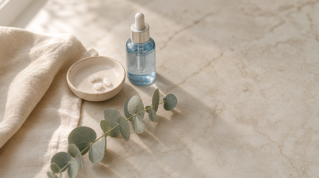 Editorial still life on cream marble: a ceramic dish of plain tablets, an unlabelled dropper bottle, cream linen and a sprig of eucalyptus