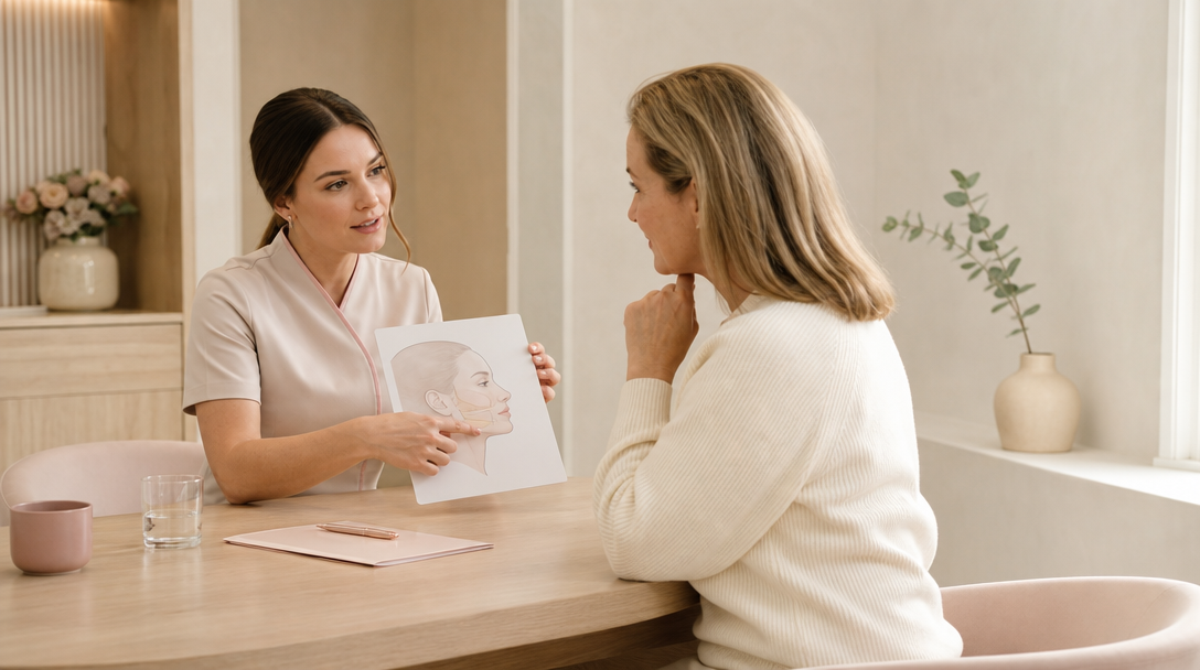 A CoLaz clinician explains the HIFU treatment results timeline to a patient across a low wooden table in a bright consultation room