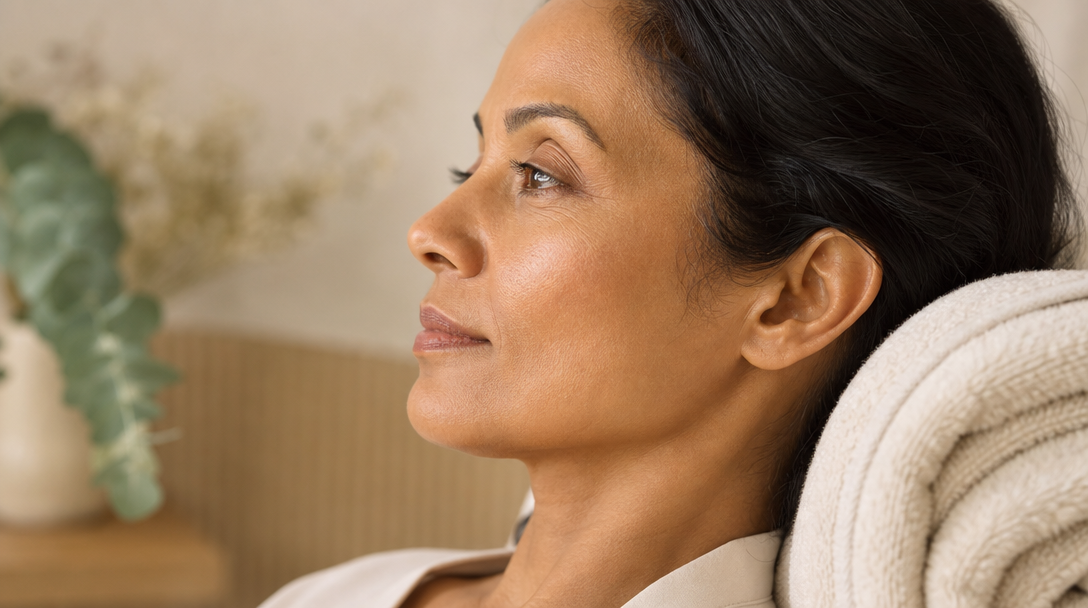 Close-up profile of a woman in her forties with even-toned, naturally glowing skin along the jawline and neck, resting against a cream towel