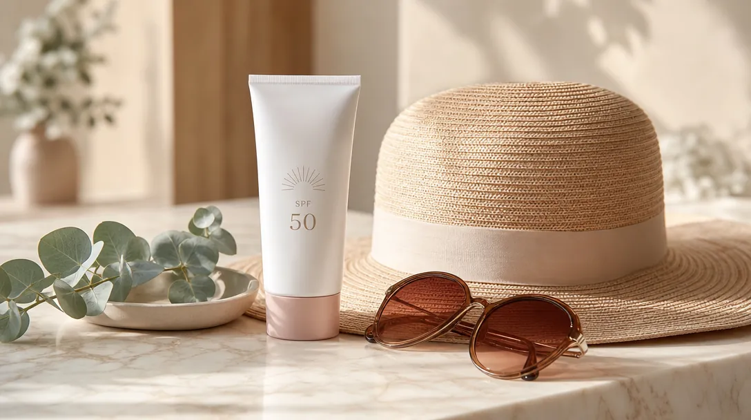 A close-up of a forearm with SPF 50 sunscreen being applied after laser hair removal, with a clinic treatment room softly out of focus
