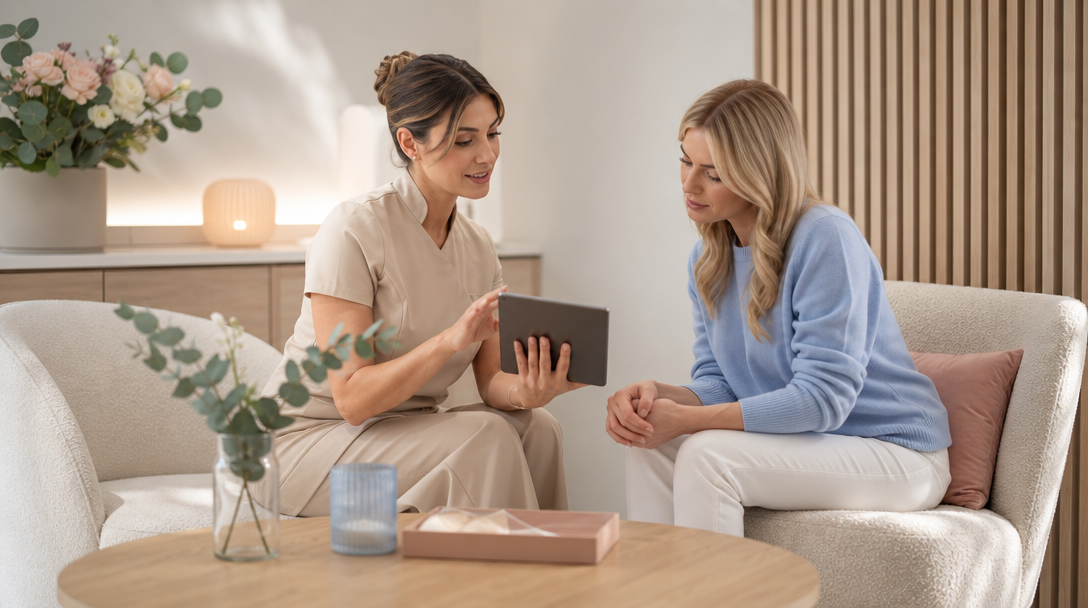 A clinician and patient reviewing a treatment schedule together