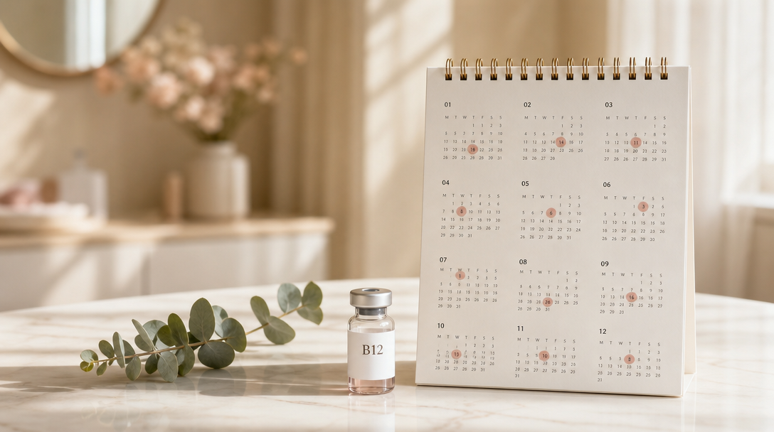 A calendar with marked dates beside a B12 vial, illustrating the maintenance schedule