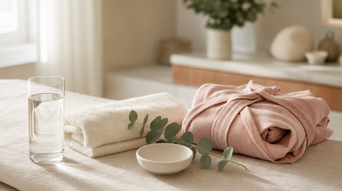 Editorial still life on cream linen: a glass of water, a soft towel and a sprig of eucalyptus beside a folded robe