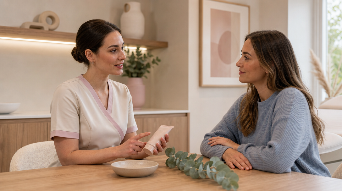 A CoLaz clinician talks a patient through Cosmelan aftercare and the peeling timeline in a calm, softly lit consultation room