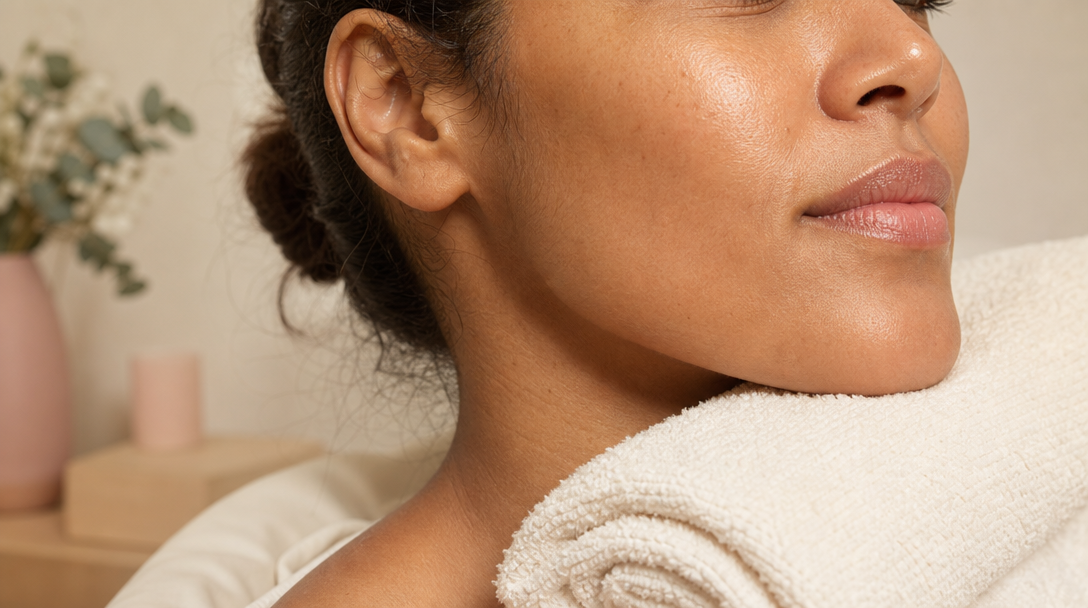 Close-up of healthy, evenly toned cheek skin in soft natural light after a course of depigmentation treatment