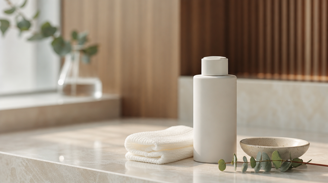 Editorial still life on a cream surface: a broad-spectrum SPF bottle, a soft cotton pad and a sprig of eucalyptus in soft daylight
