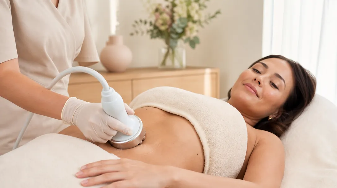 A CoLaz clinician guides the ultrasound cavitation handpiece across a patient's abdomen during a body contouring session in a calm treatment room