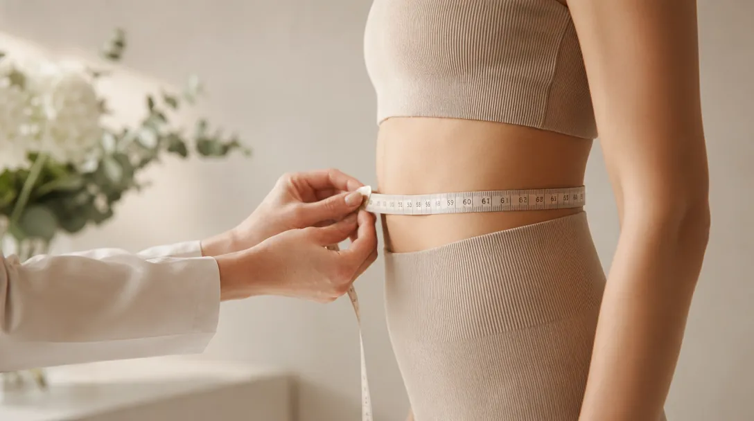 A clinician marks the treatment area on a patient's abdomen with a measuring tape before an ultrasound cavitation session at a CoLaz clinic