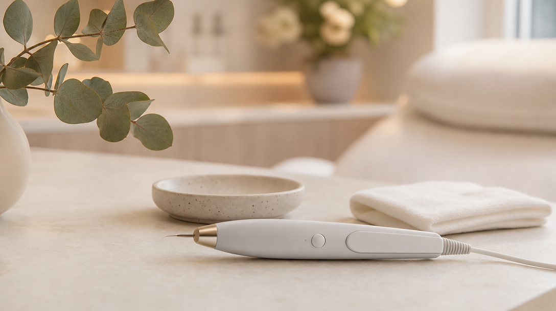 An electrolysis pen device resting on a cream surface with a cotton cloth