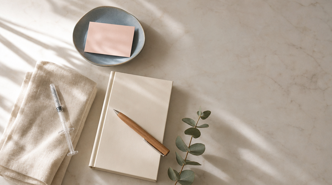 Editorial still life of a capped cosmetic syringe, a cream notebook and eucalyptus, illustrating dermal fillers cost planning