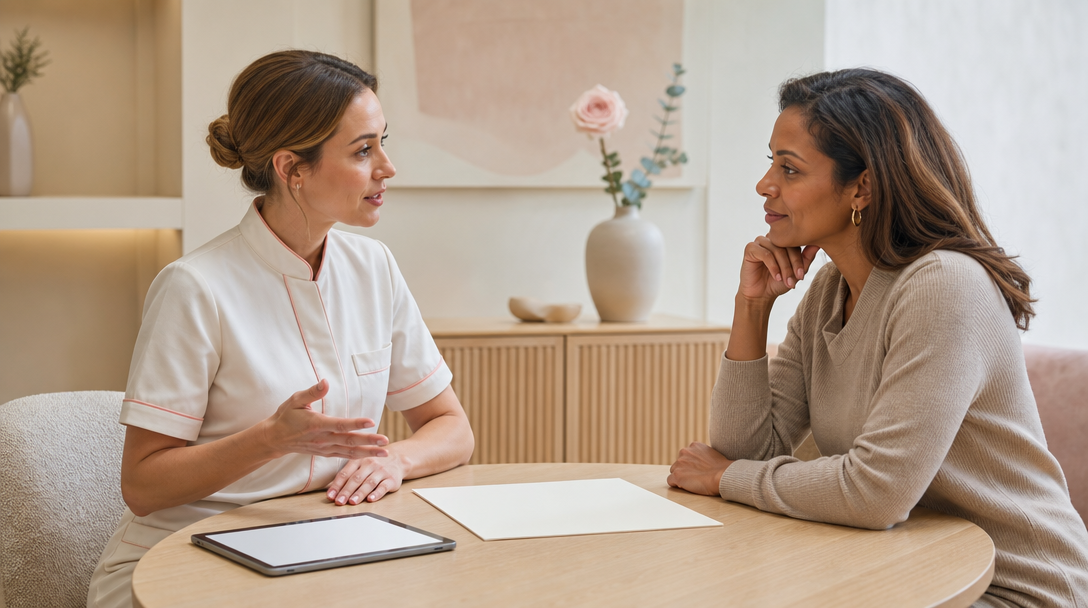 A CoLaz clinician and a patient discussing a filler treatment plan across a low wooden table in a calm consultation room