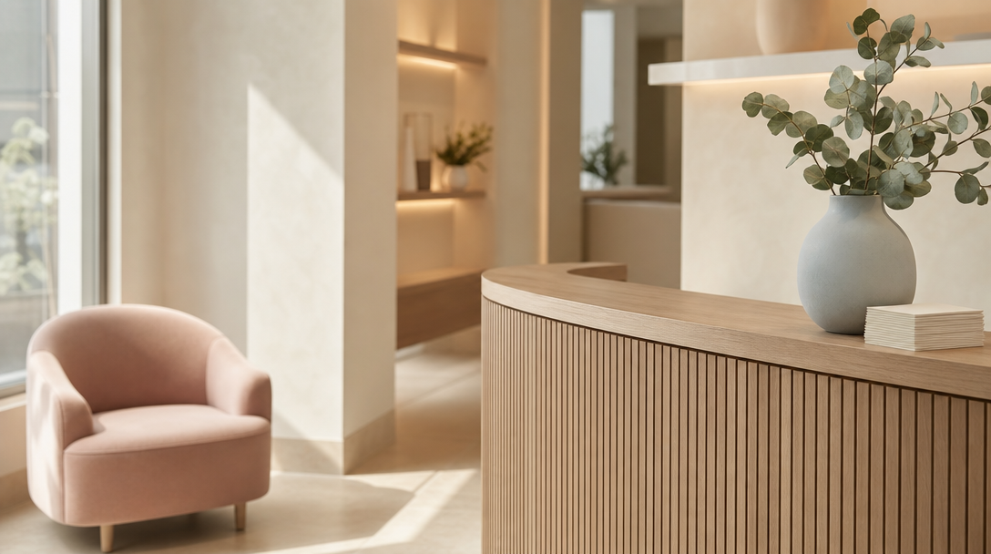 A calm cream and warm-wood CoLaz clinic reception with soft daylight from a side window
