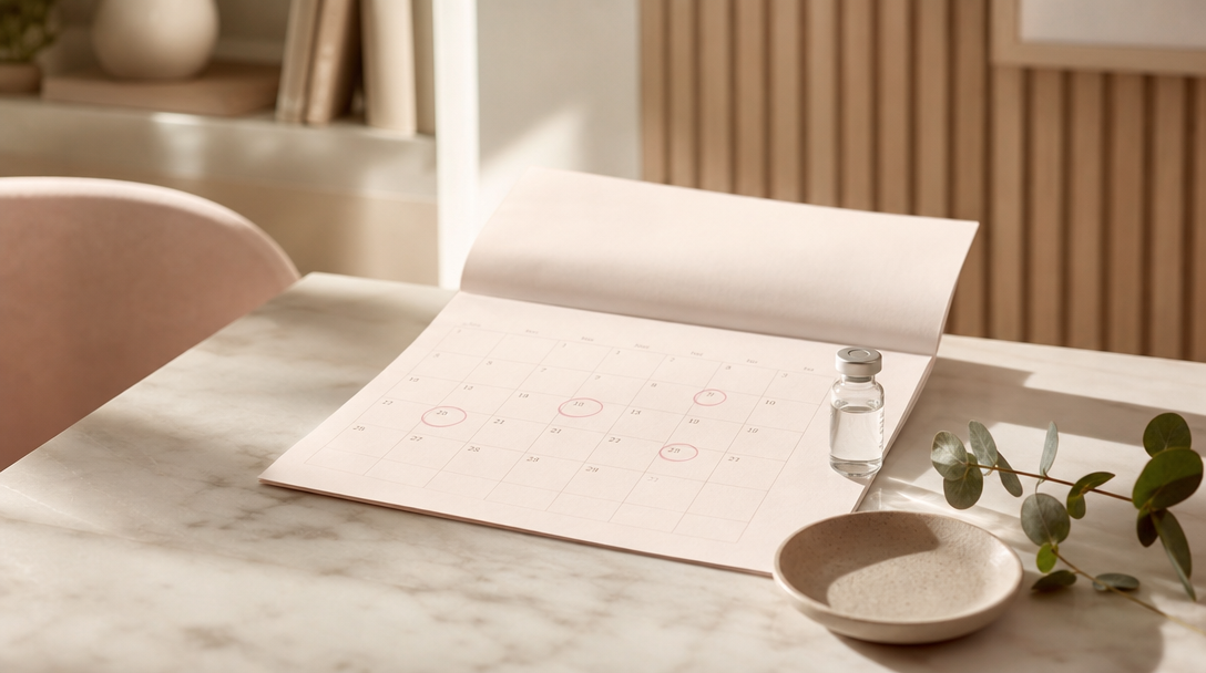 A wall calendar with marked review dates beside a small glass vial, showing a maintenance schedule