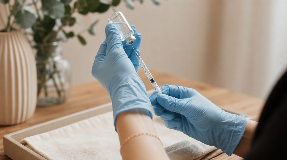 A gloved clinician drawing up a vitamin B12 injection from a small vial on a cream tray