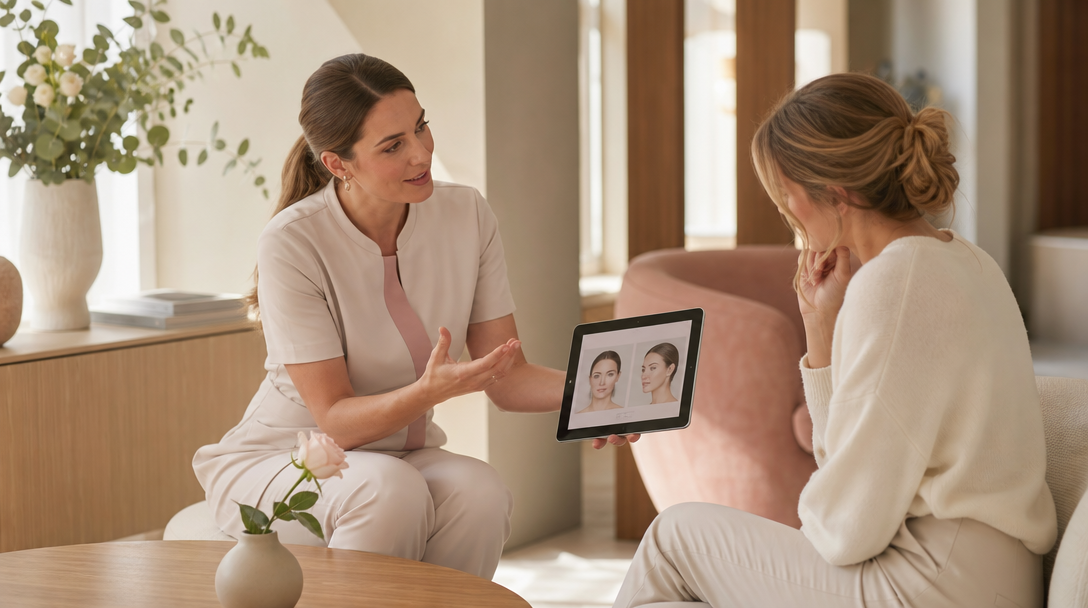 A CoLaz clinician reviews a Dermapen microneedling plan with a patient in a calm, warm consultation room