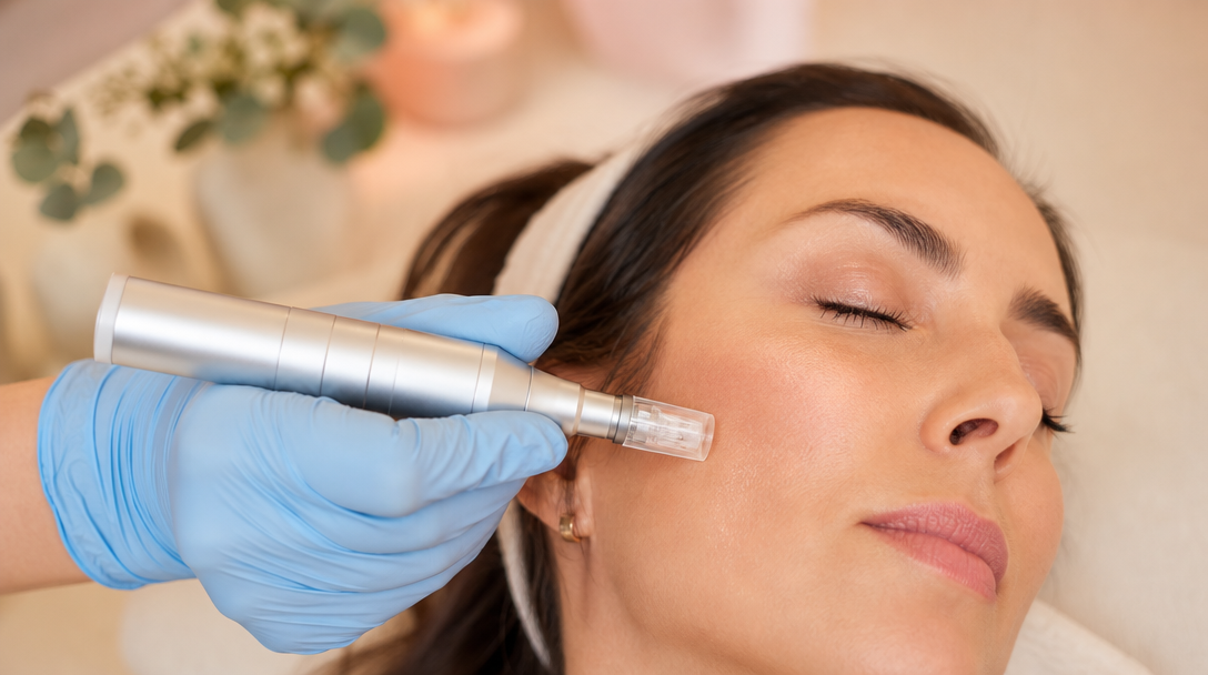 A clinician in a soft cream uniform guides a Dermapen microneedling pen across a relaxed patient's cheek in a warm treatment room