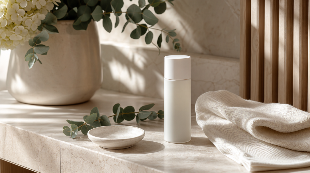 Editorial still life on a cream surface: a mineral SPF bottle, a folded soft cloth and a single sprig of eucalyptus in soft daylight