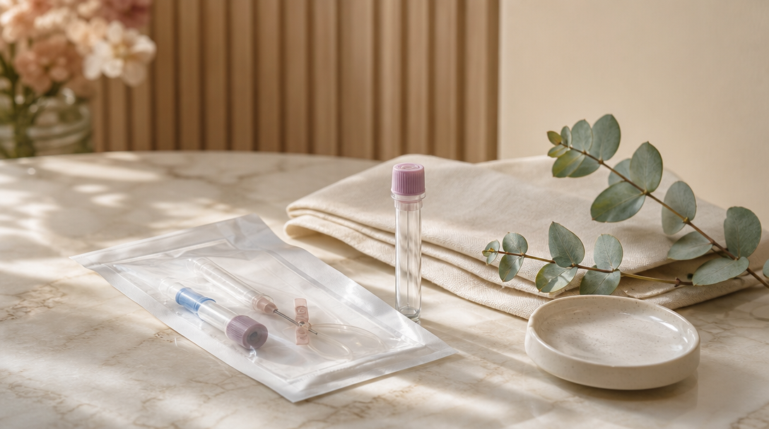An aesthetic-clinic still life on a cream surface showing a centrifuge tube, a sterile blood collection kit and a sprig of eucalyptus in soft daylight