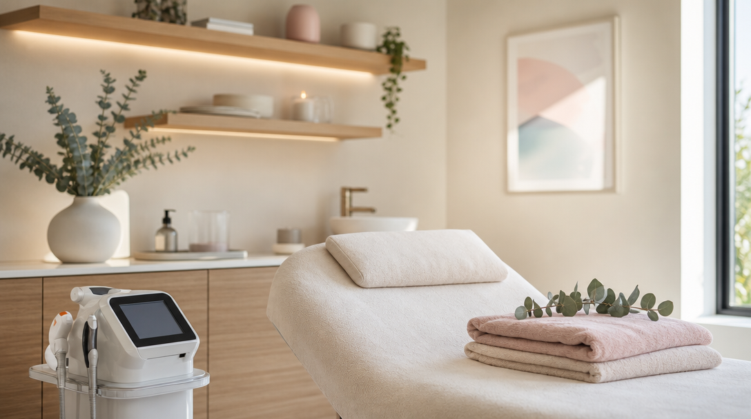 A calm, modern aesthetic-clinic treatment room with cream walls, warm wood counter, a cream treatment bed and eucalyptus in a ceramic vase in soft daylight